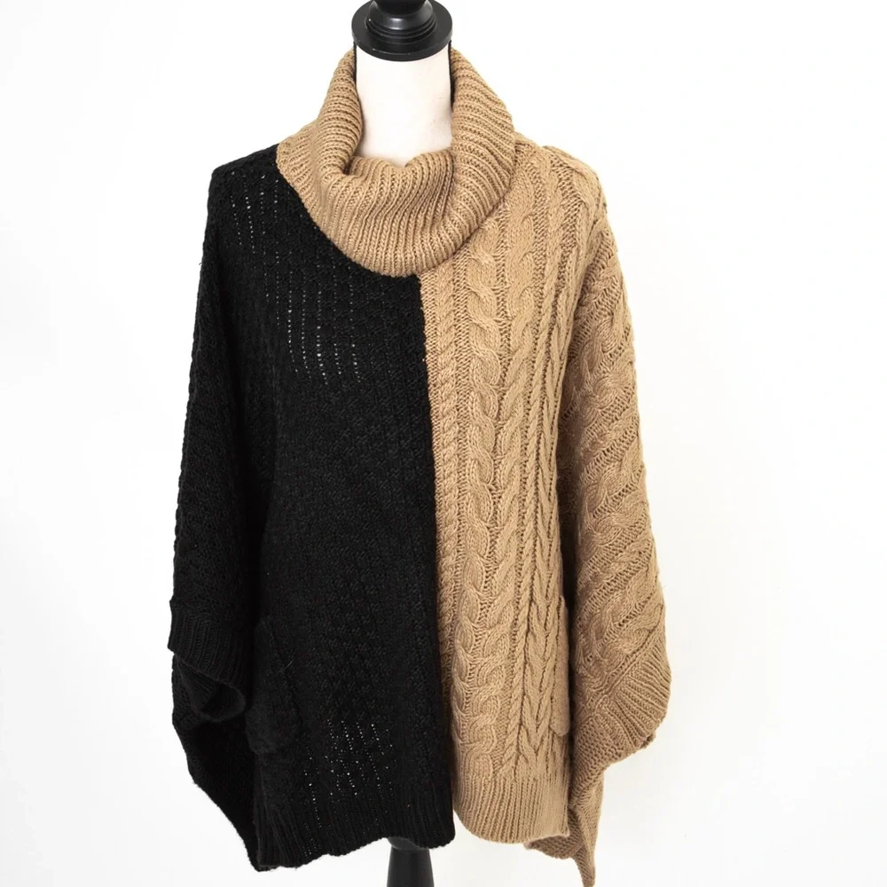 Cable knit sweater poncho black & camel XL/1X Brittany Humble